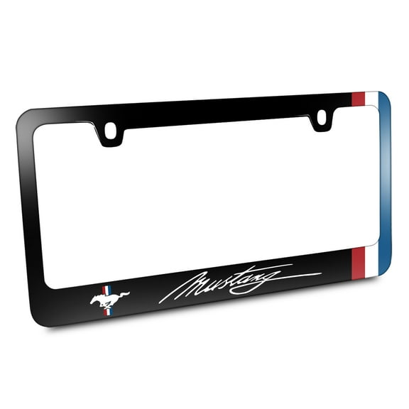 Ford Mustang Script Side Stripe Black Metal License Plate Frame