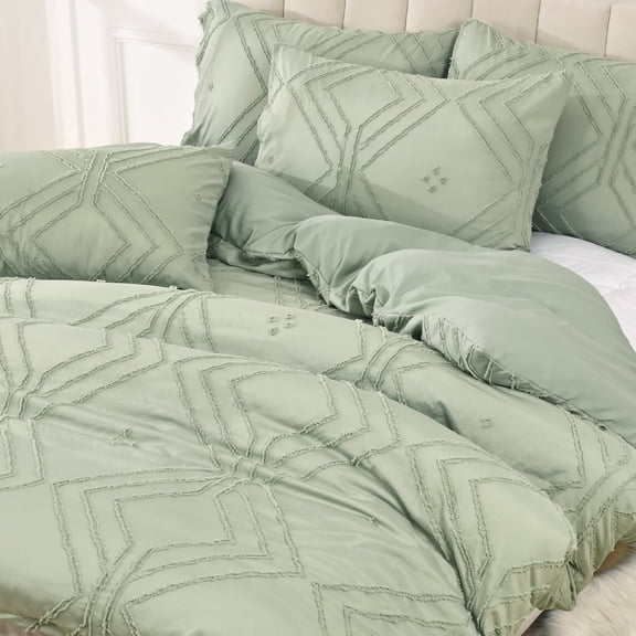 BLEUM CADE 3 Pieces Comforter Set Queen Size Soft Breathable Duvet Cover Set,Tufted Geometric Bed Comforter Cover Set,Green