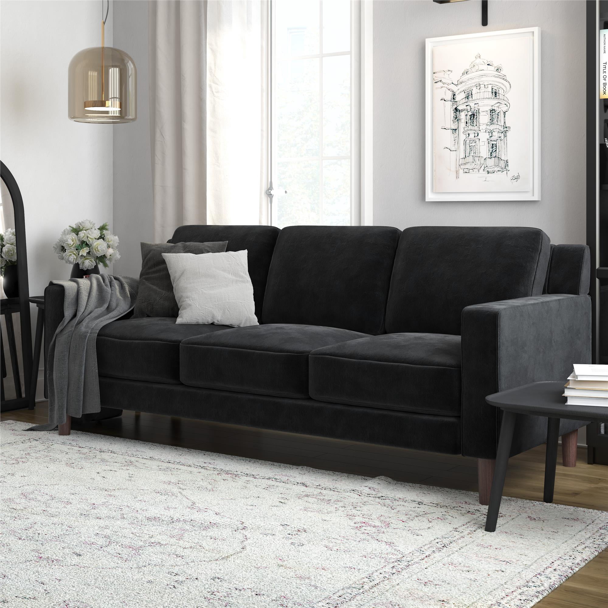 DHP Bryanna 3 Seater Sofa, Black Velvet