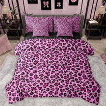Manfei Chic Leopard Pattern 7-Piece Bedding Comforter Set,Wild Animal Cheetah King Bedding Sets,Pink Black Bed Sheets For Girls Teens,Ultra Soft Home Decor Reversible