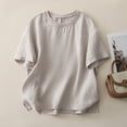 thumbnail image 2 of Women's Cotton Linen T Shirt Short Sleeve Ribbed Spliced Summer Casual Loose Pullover Top by Yigetop Beige L, 2 of 8
