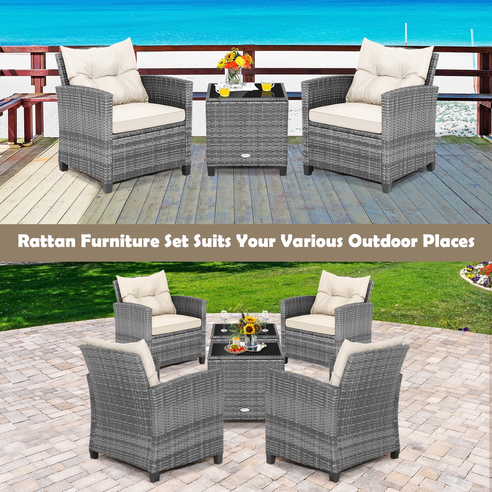 Costway 3PCS Patio Rattan Furniture Bistro Set Cushioned Sofas Side Table Armrest Beige,Mix Gray