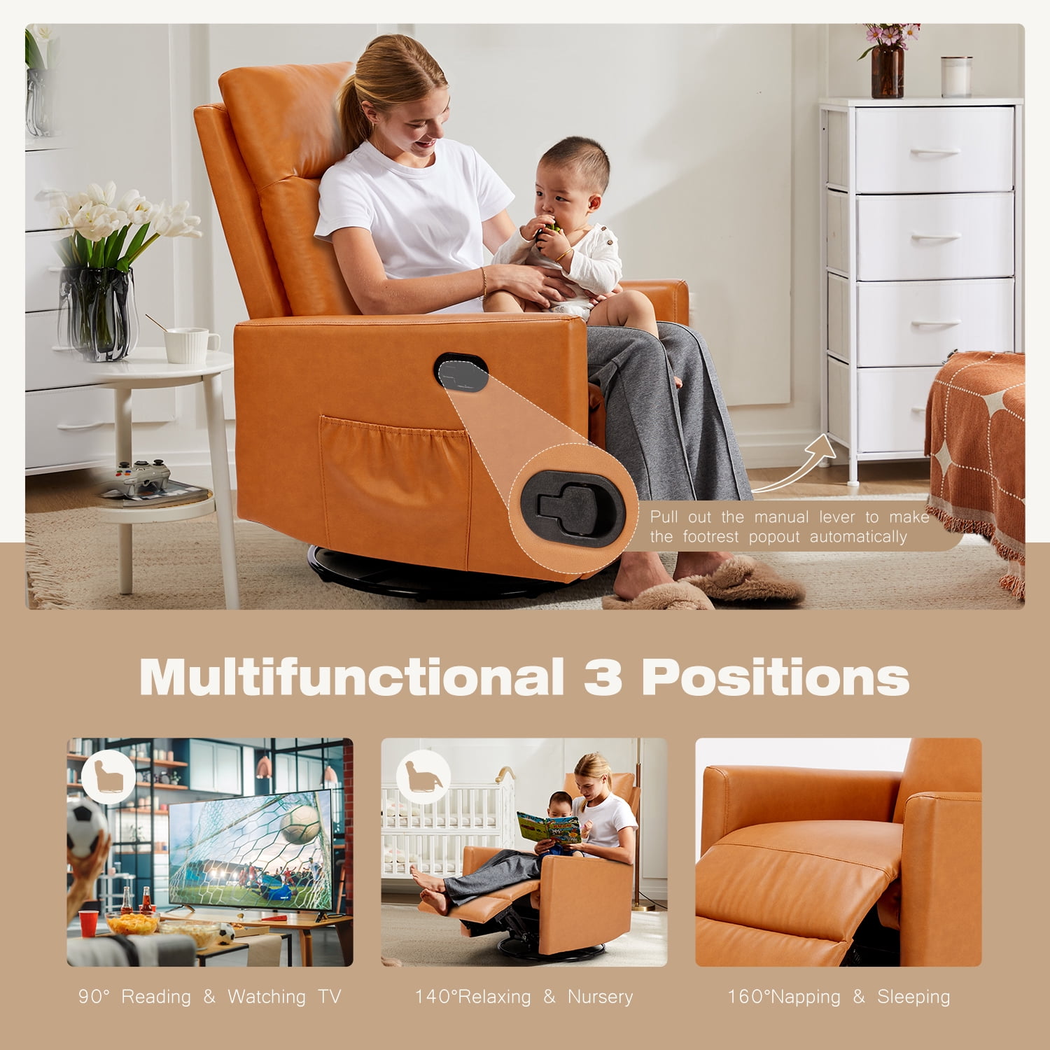GIANNA Recliner Chair, Modern Design with Adjustable Backrest, Comfortable Padded Seat,Perfect for Living Room, Bedroom, or Home Theater, Brown