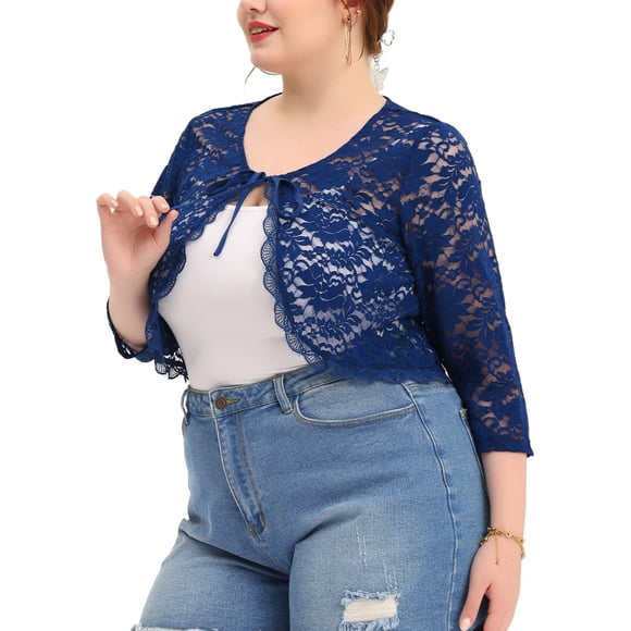 Cárdigan de encogimiento de hombros de talgrande pamujer, mangas 3/4, chaquetas de bolero de corte frontal con lazo de encaje floral Azul marino XXL