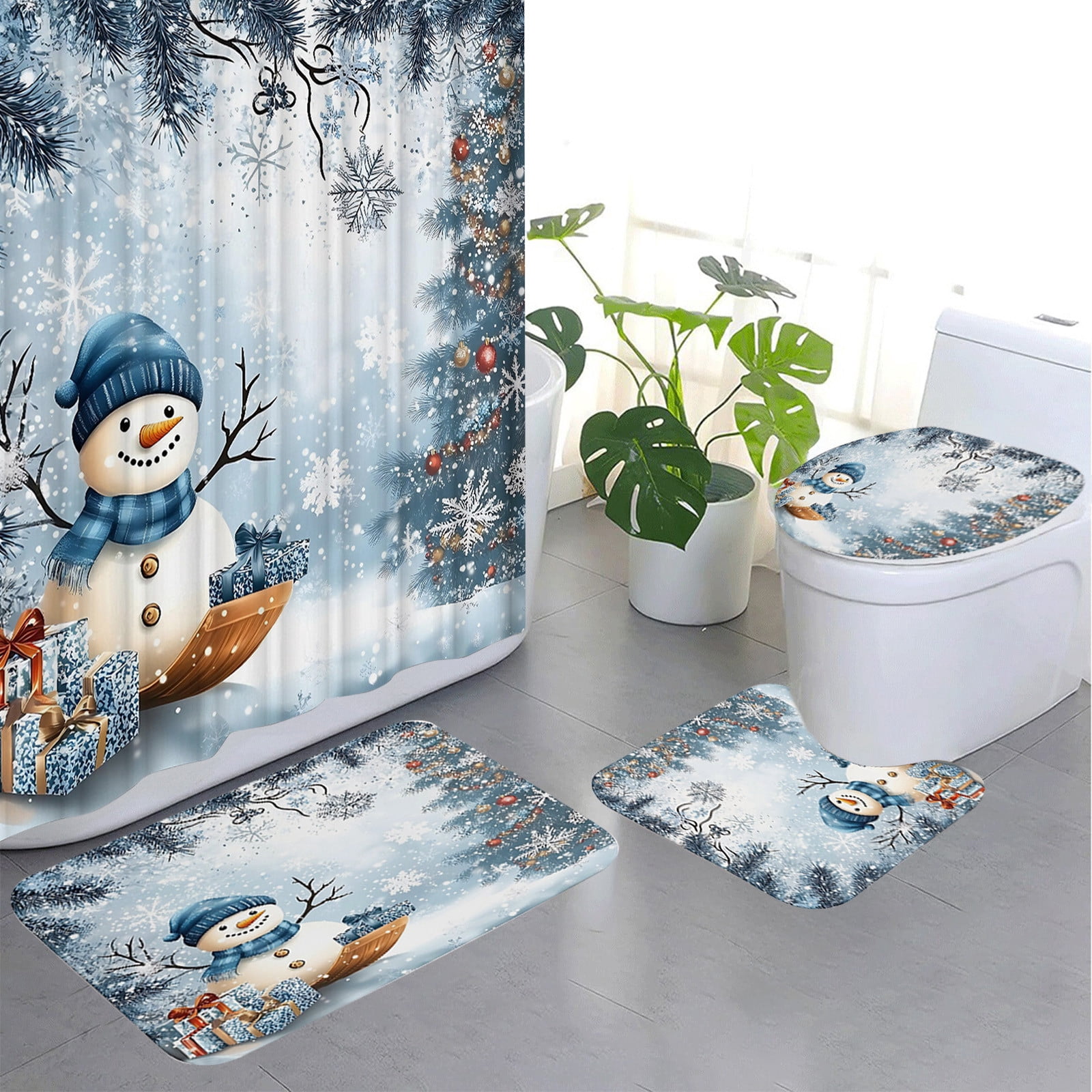 Costeam Christmas Shower Curtain Set with Santa Pattern, Waterproof Bathroom Decor with Holiday Theme for Xmas Party Background Decoration