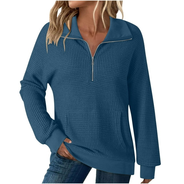 Womens Quarter Zip Sweatshirt, Oversized Waffle Knit Pullover Sweater With Mock Neck And Pockets, Casual Long Sleeve Tops For Fall