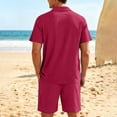 thumbnail image 4 of Havenx Men's Short 2 Pieces Set Button Down Short Sleeve Drawstring Shirts and Shorts Lapel Collar Texture Set Summer Beach Vacation Comfortable Athletic Wear,Wine L, 4 of 6