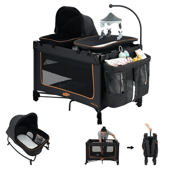 Pamo Babe Baby Playard Magic Fold 1 Step Bassinet & Changing Table for Newborn, 4-Panels (Black)