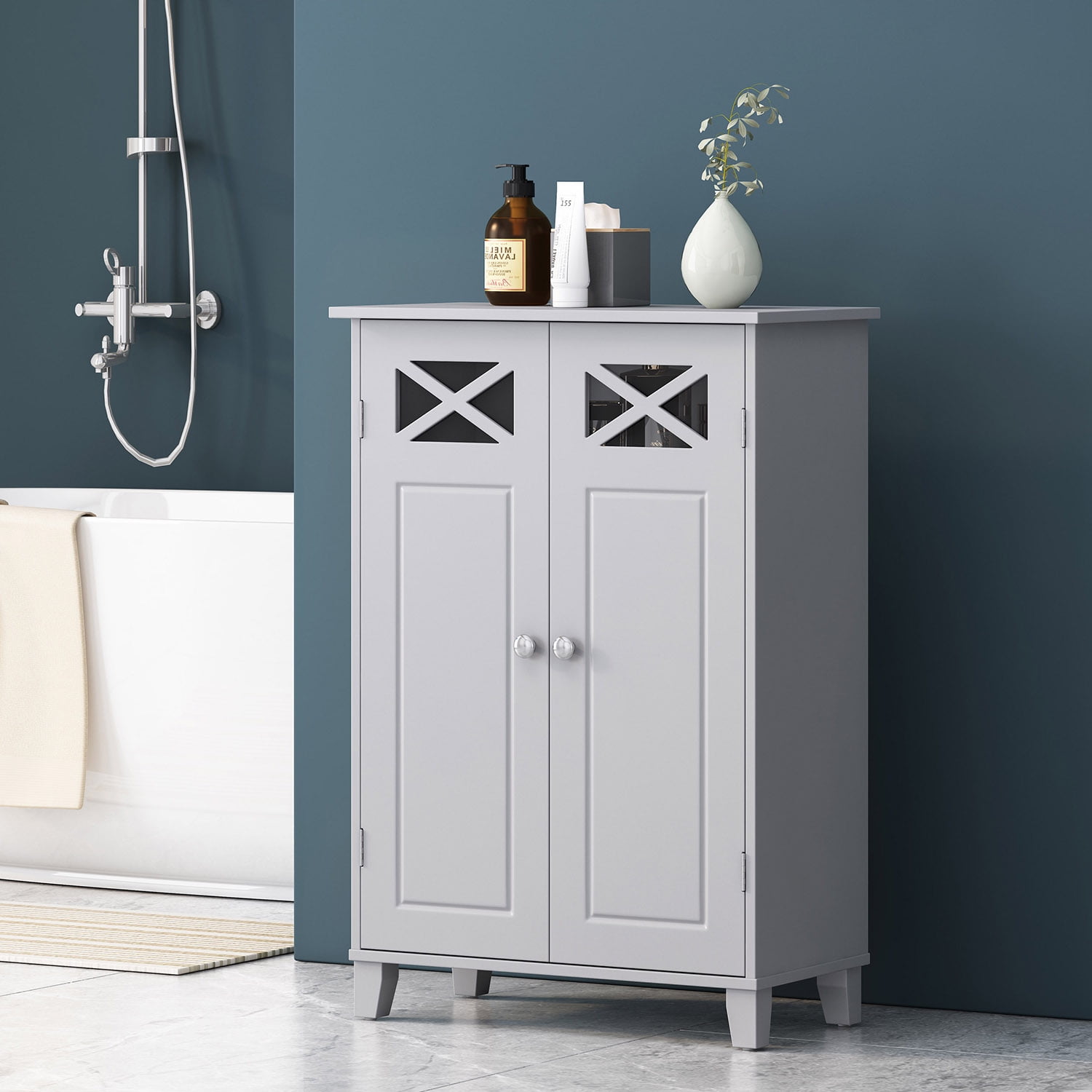 GVN Gray Shaker-Style Storage, Silver Handles, Compact Size, for Stylish Bathroom Organization GVN Gray Shaker-Style Storage, Silver Handles, Compact Size, for Stylish Bathroom Organization