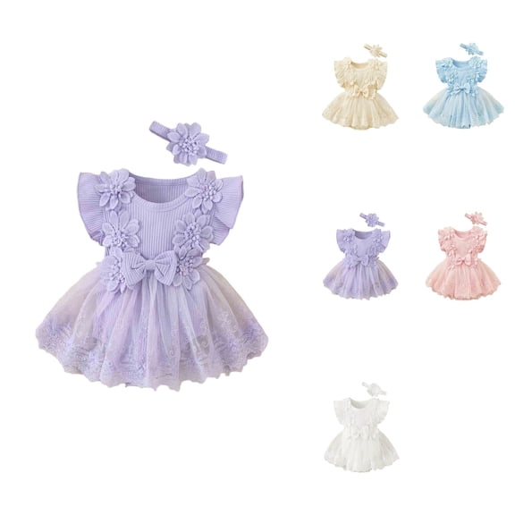 Baby Girls' Floral Bow Romper Solid Color 1PC Jumpsuit With Snap Closure