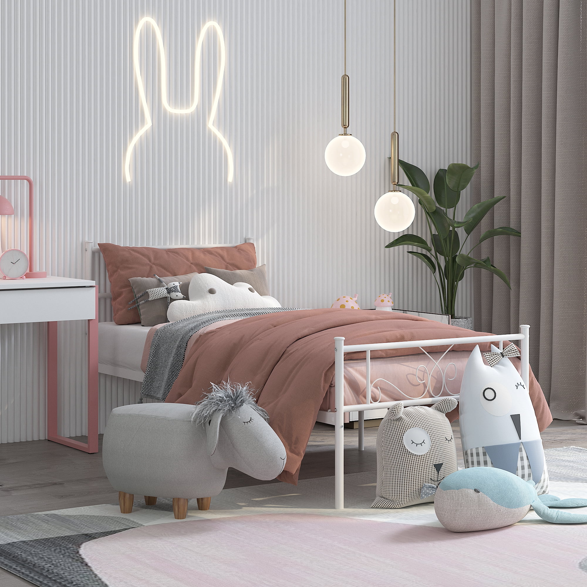Yoneston Twin Size Metal Platform Bed Frame with Headboard, 12.7” Single Bed Frame for Kids, Teens, Adult Bedroom Furniture, White