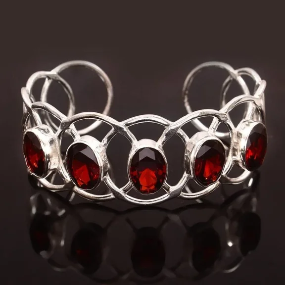 Red Garnet Gemstone 925 Sterling Silver Jewelry Cuff Bracelet Size-ADJ