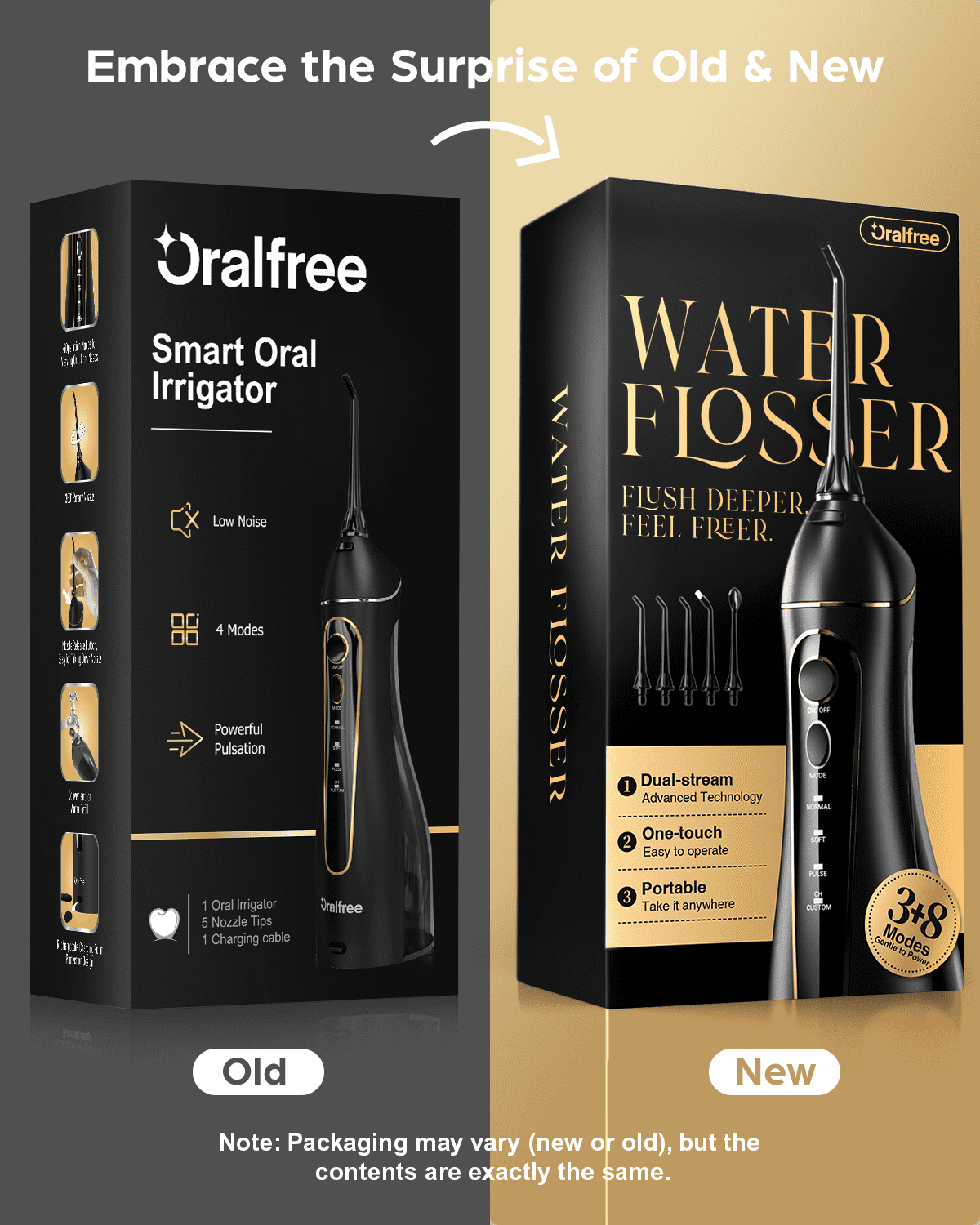 Oralfree Water Flosser for Teeth Cleaning, Cordless Oral Irrigator with 5 Jet Tips, 4 Modes, IPX7 Waterproof, 250ML Tank, for Braces, Travel and Home Use, Black