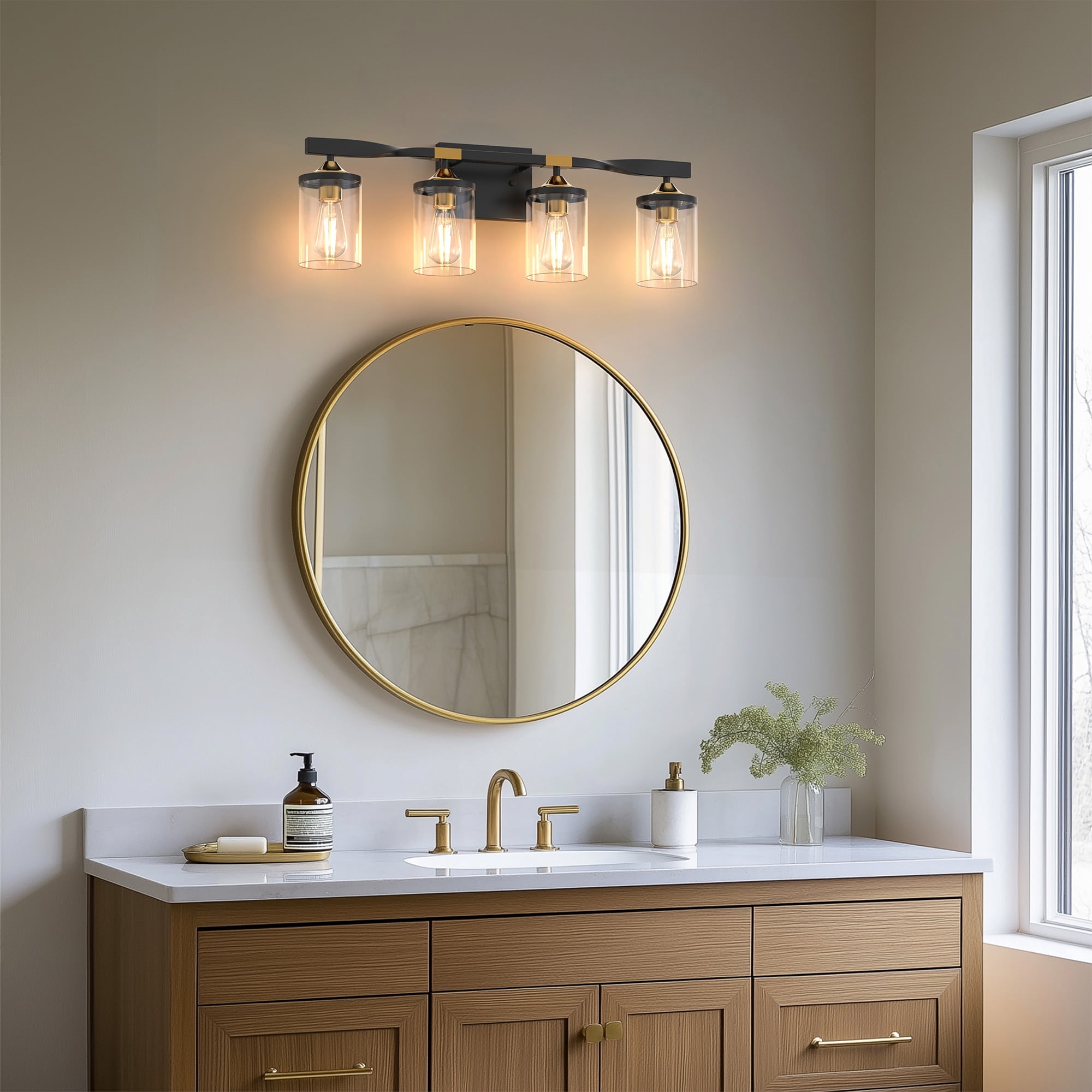 YANSUN 26.3 in 4 Light Black and Gold Vanity Light with Clear Glass Shades for Bathroom Living Room Bedroom Hallway