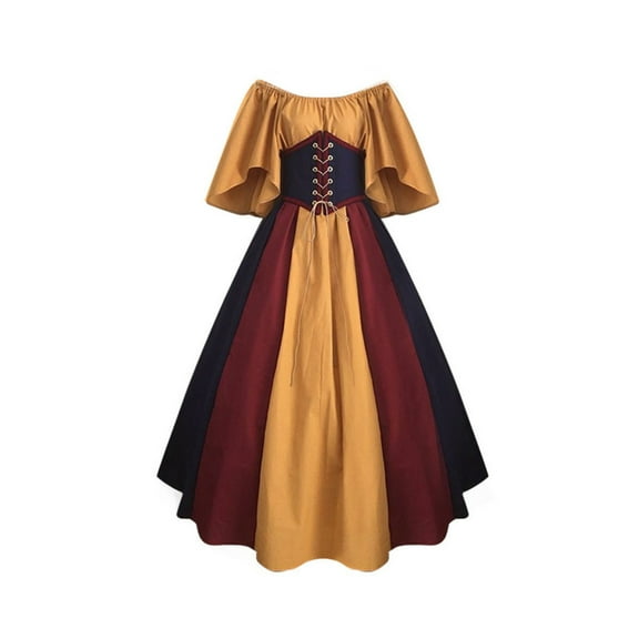 European Medieval Retro Contrast Color Slim Dress Flutter Sleeves Lace Up Waist Corset Renaissance Gown Cosplay Costume