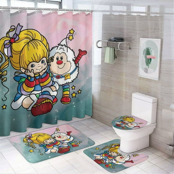 Rainbow Brite 4 Piece Bathroom Shower Curtain Sets Non-Slip Rugs Bath Mat Toilet Lid Cover U Shaped Mat for Bathroom Decor Set 72" X 72"