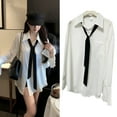 thumbnail image 3 of Camisa con botones para mujer, camisa de oficina holgada y transpirable con manga trompeta plisada blanca y corbata para fiesta y oficina, 3 of 8