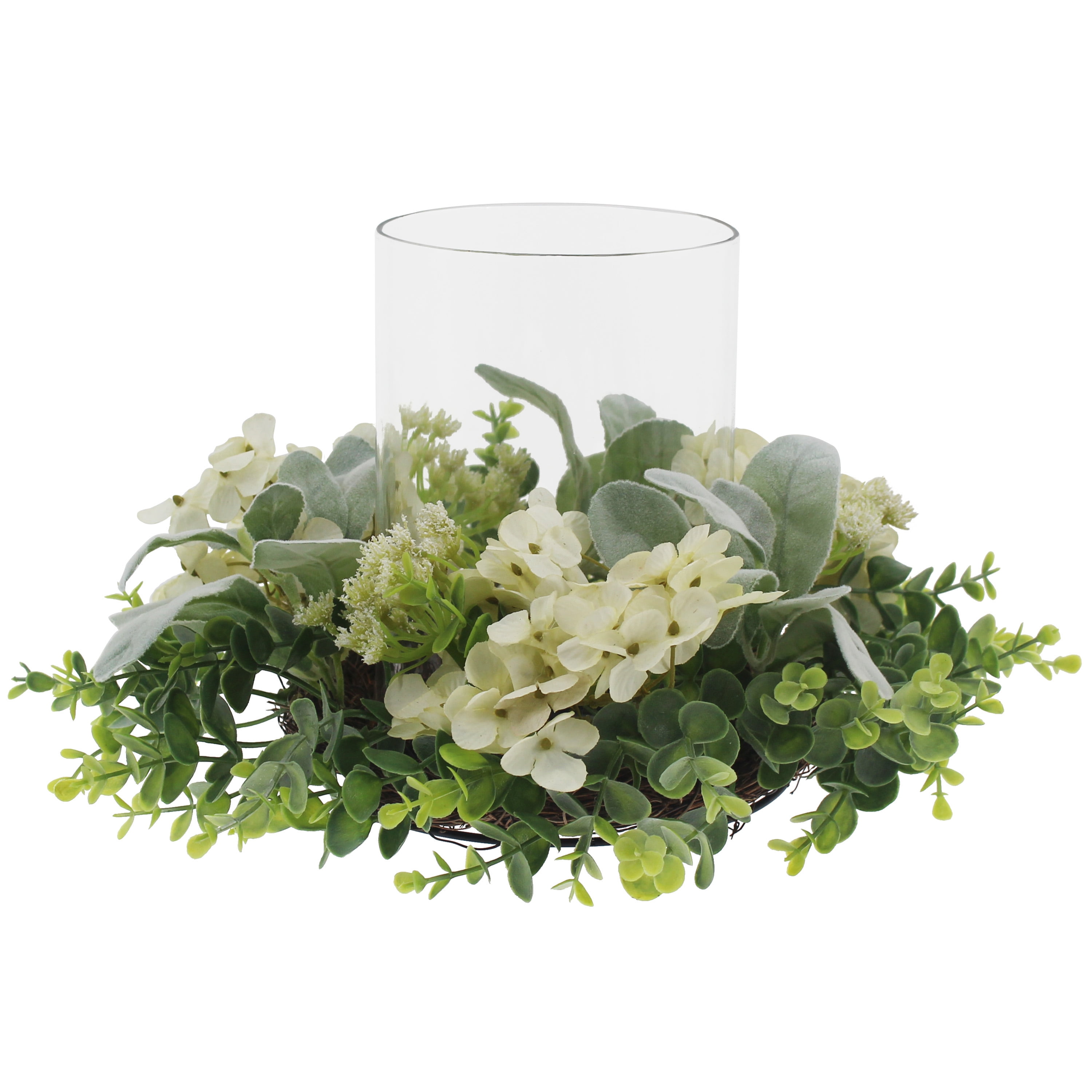 Mainstays Decorative Hurricane Pillar Candleholder with Faux White Hydrangea, 8"