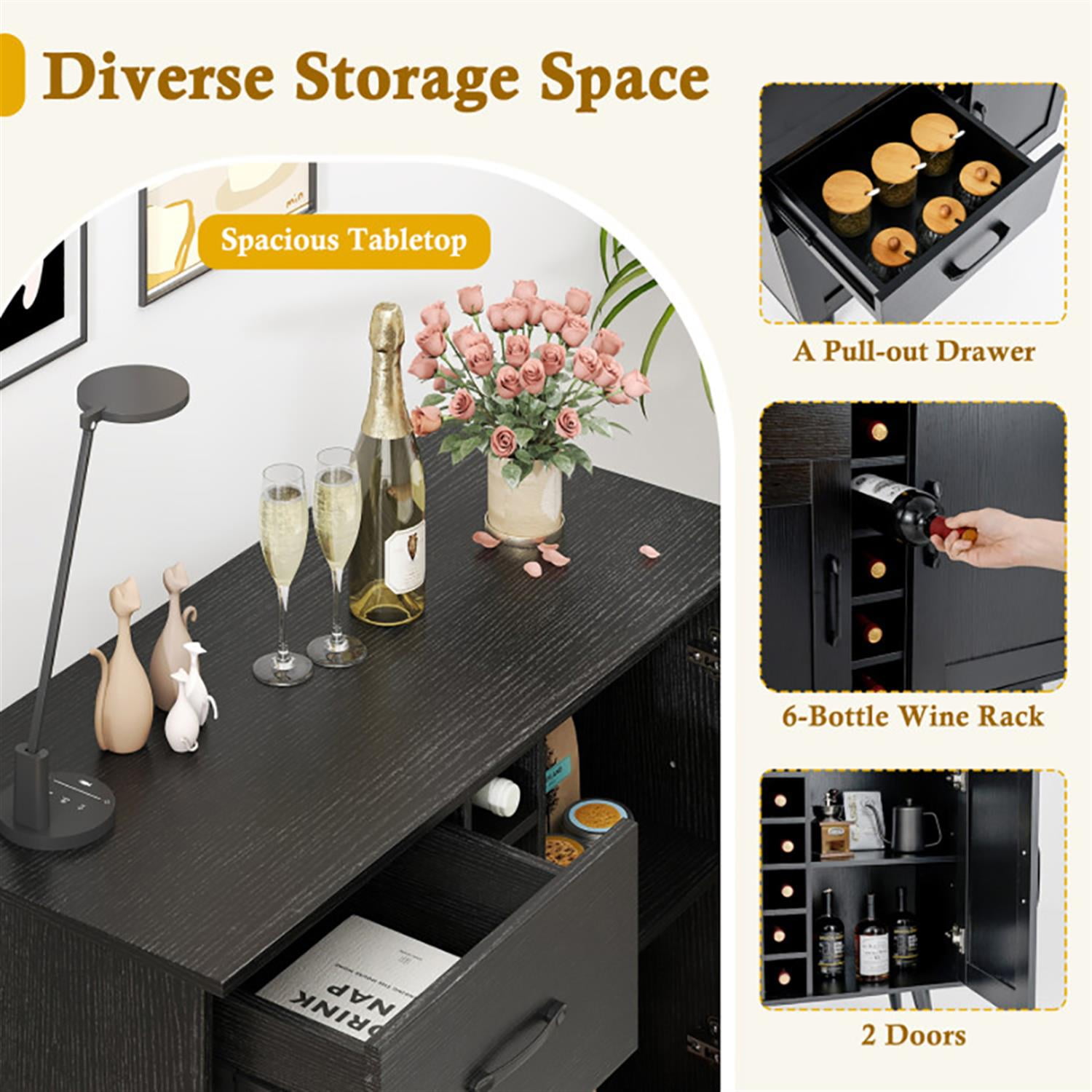 Demi Bonn 35" Sideboard Buffet Cabinet with 6-Bottle Wine Rack, Kitchen Storage Cabinet, Modern Wine Bar Buffet Cabinet for Dining Room, Black