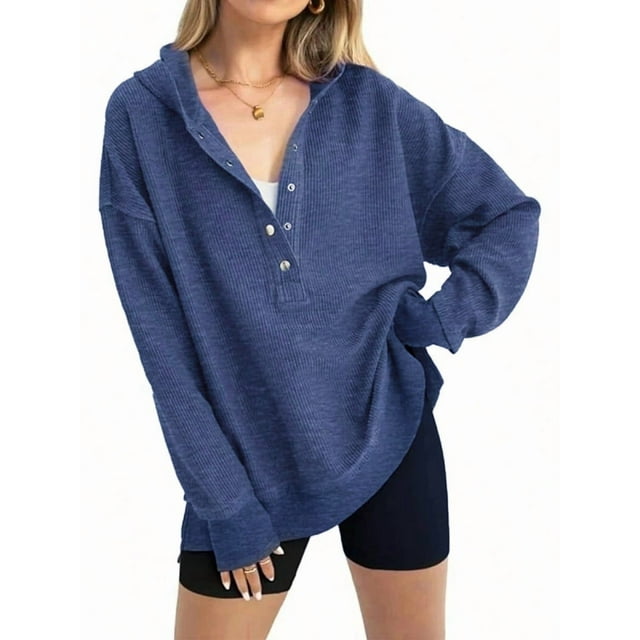 Sudadera con Capucha de Larga Extragrande para Mujer, Cuello en V, Botones y Abertura Lateral, Estilo Informal. Azul Oscuro XL