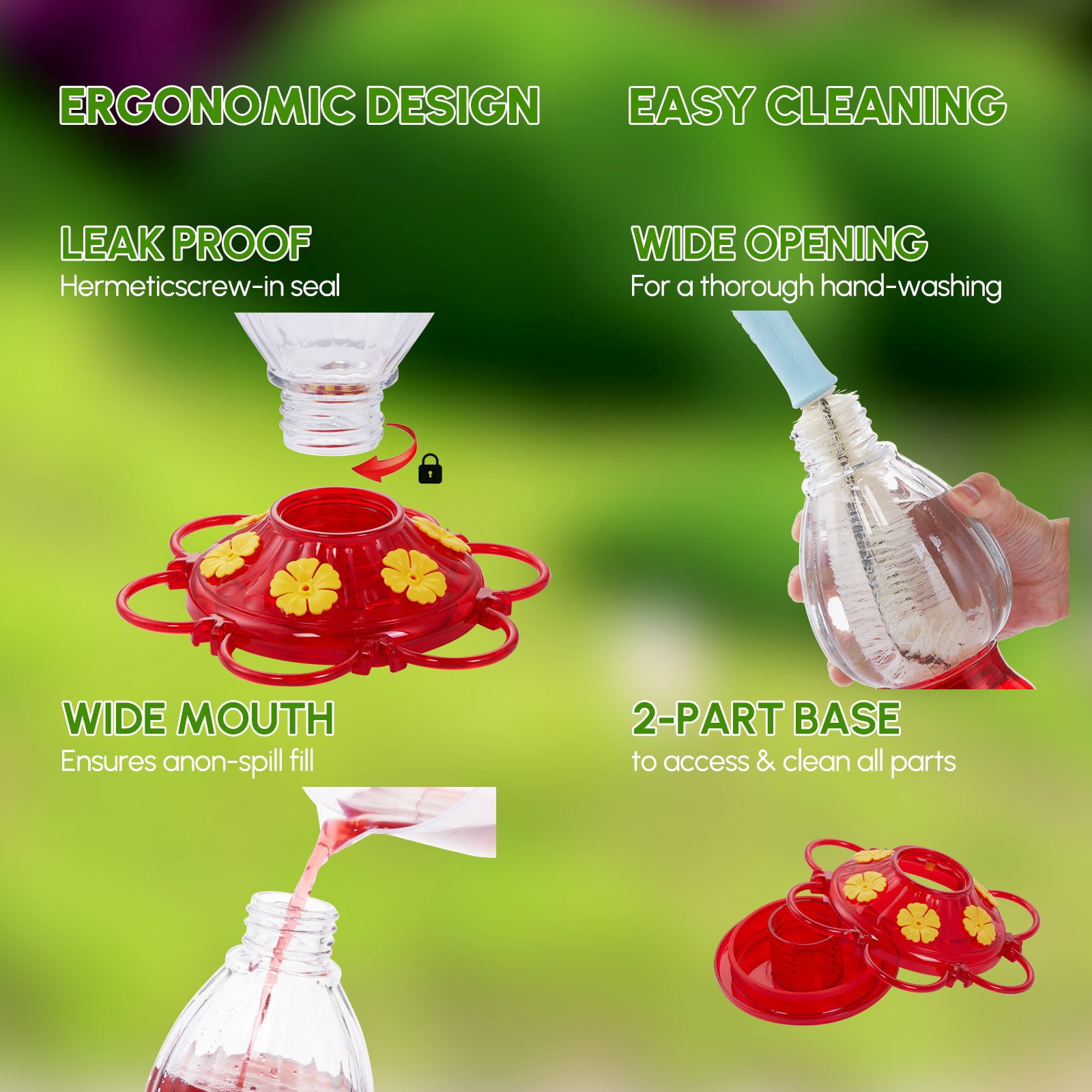 Hummingbird Feeder 20 oz [Set of 2] Plastic Hummingbird Feeders for Outdoors, with Built-in Ant Guard and Bee Proof - 6 Feeding Ports - Wide Mouth for Easy Filling/2 Part Base for Easy Cleaning