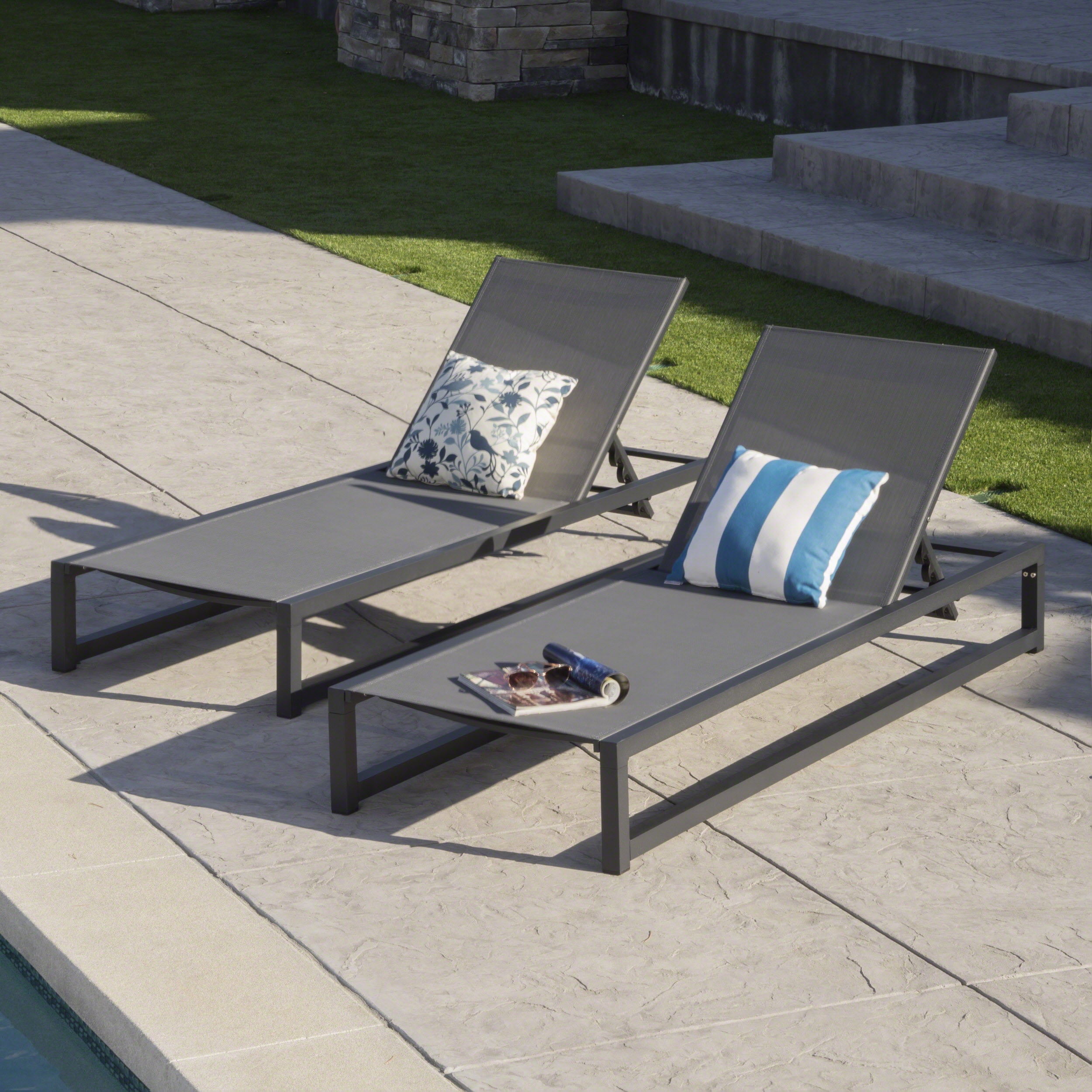 Nelson Outdoor Aluminum Framed Chaise Lounge with Grey Mesh Body, Set