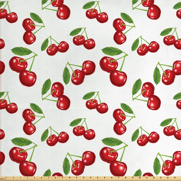 Fruit Fabric by The Yard, Cherry Design Fresh Berry Fruit Summer Green Garden Macro Digital