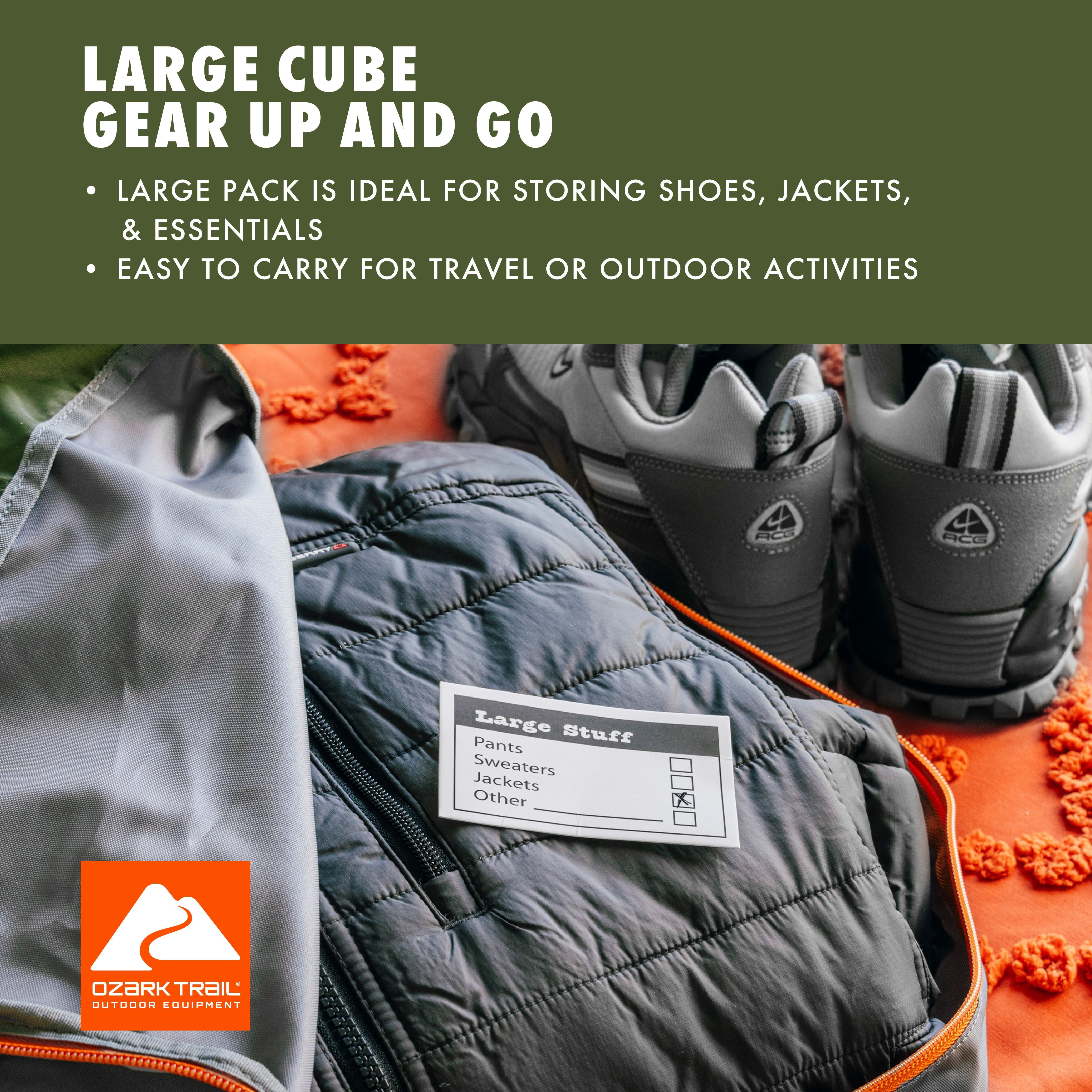Ozark Trail Set of 3 Non-structured Polyester Camping Organizer Cubes, Various Sizes, Orange, Grey, & Green