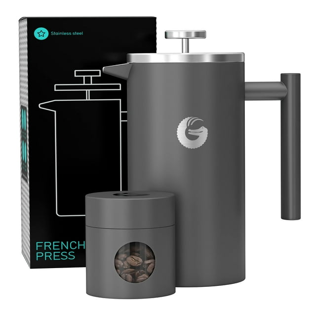 Coffee Gator Cafetera de prensa francesa - Cerveza con aislamiento térmico más tarro de viaje - Gran capacidad, acero inoxidable de doble pared - 34 oz - Gris