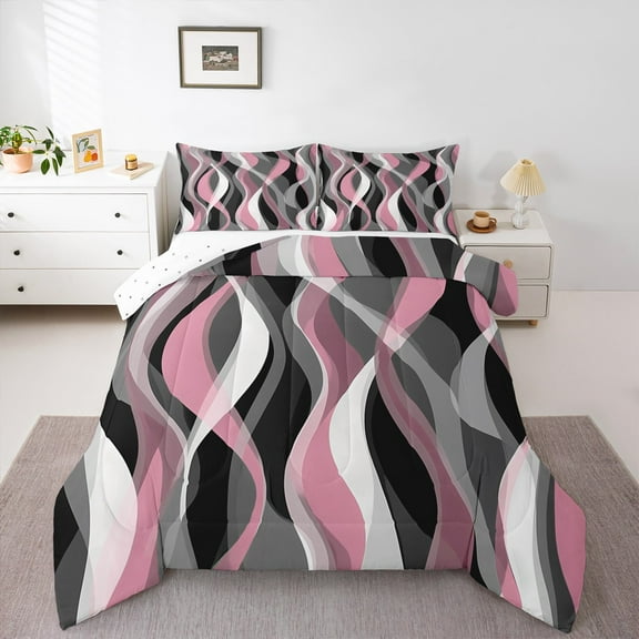 Manfei Girly Pink Minimalst Bedding Comforter Set, Stripes Ombre Twin Comforter Sets, Abstract Geometric Reversible Bedding Set, Breathable Home Decor, 2pcs