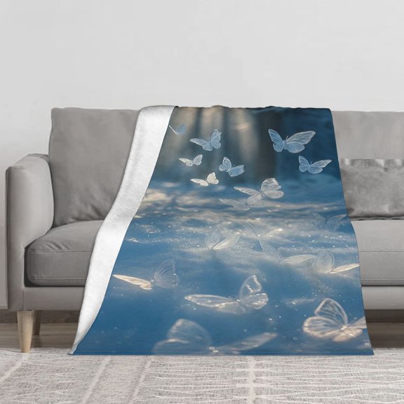 Ice Butterflies Snowy Forest Sunlight Throw Blanket, Dreamy Winter Wonderland Soft Flannel Blanket for Bedroom