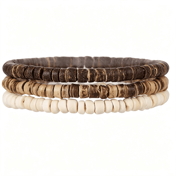 DESIGNICE Bohemian Puka Coconut Shell Stackable Wooden Adjustable Beaded Bracelet Handmade Ethnic Lightweight Elastic Stack Bracelets Summer Beach Couple Jewelry for Women Men