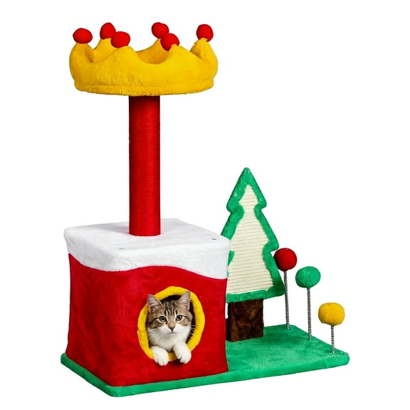 ZephyPaws 30in Christmas Themed Plush Cat Tree,Multi-Level Cat Tower with Cat Condo,Perch,Sisal Scratching Posts for Indoor Cats,Red