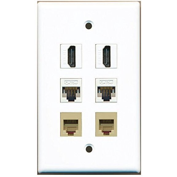 RiteAV - 2 HDMI 2 Port Phone RJ11 RJ12 Beige 2 Port Cat5e Ethernet White Wall Plate