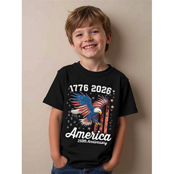 children’s wear Patriotic America 250th Anniversary Bald Eagle USA Flag Black Graphic T-Shirt for Boys and Girls Kids 1776-2026 Retro Tee