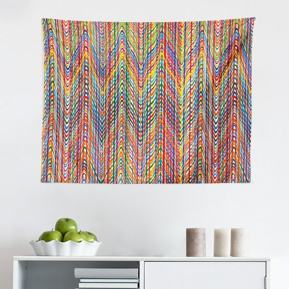 Abstract Tapestry, Trippy Creature Heads and Large Eyes on Yellow Stamp Illustration, Fabric Wall Hanging Decor for Bedroom Living Room Dorm, 2 Sizes, Warm Taupe Yellow, by Ambesonne