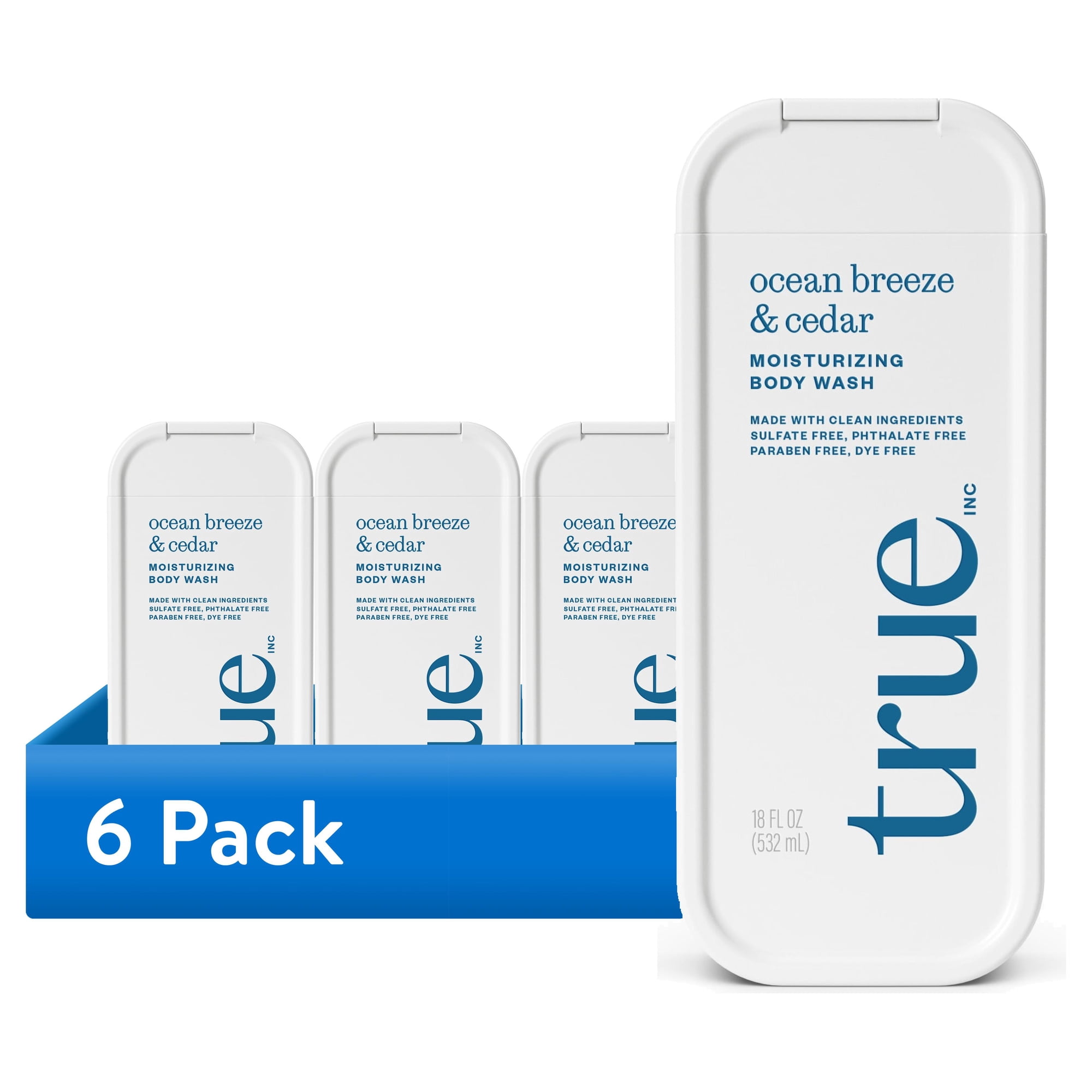 (6 pack) True Ocean Breeze & Cedar Body Wash, Sulfate-Free, Moisturizing and Hydrating Formula for Women & Men, 18 fl oz