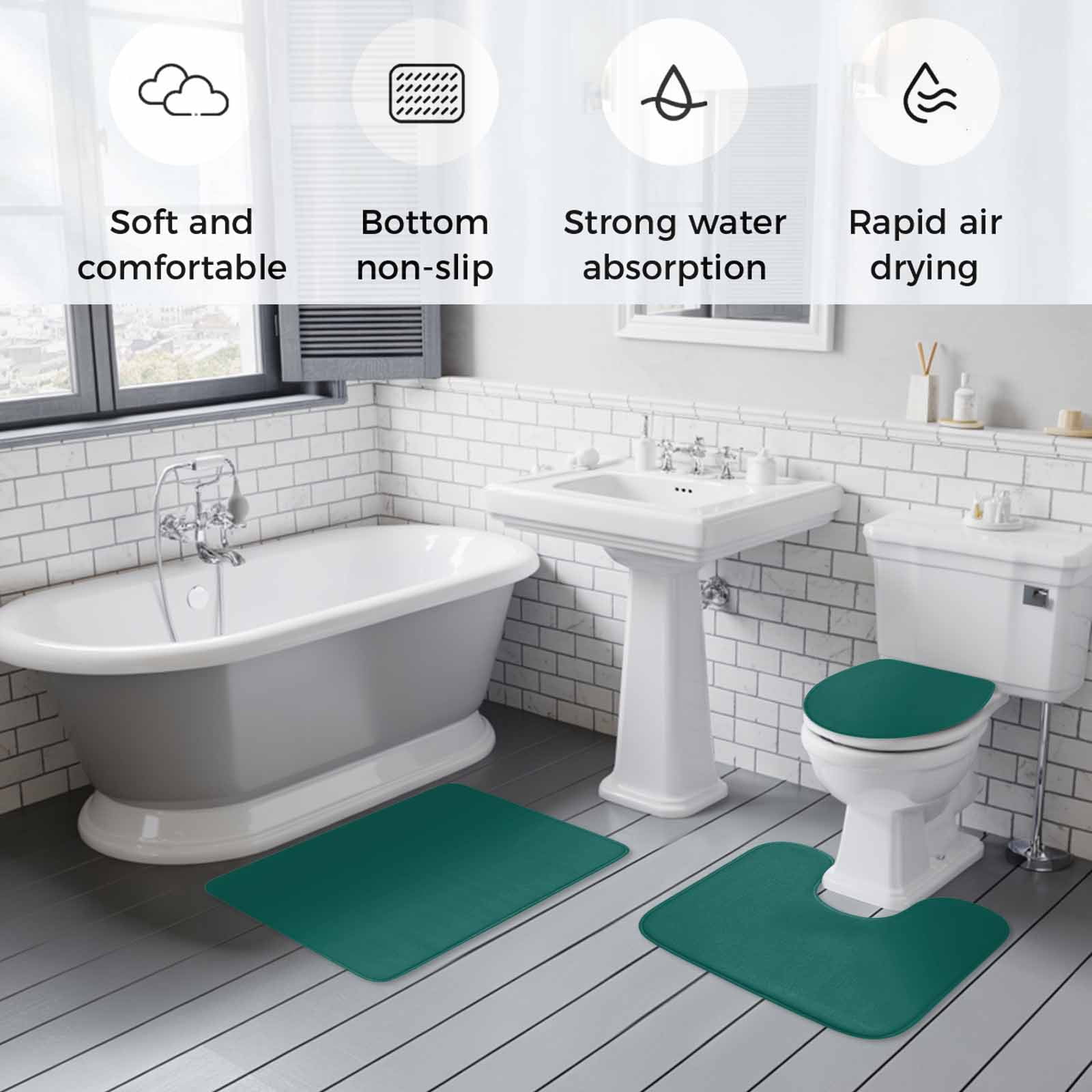 Dark Green Bath Mat 3 Piece Bathroom Rug Set, Modern Pure Dark Green Non Slip Bath Rug Contour Mat and Toilet Lid Cover, Absorbent Shower Mats Soft Bath Rugs and Mats Sets