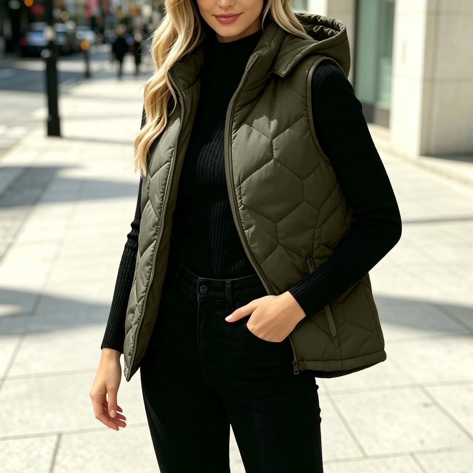 Mifsaly Womens Hooded Puffer Vest Diamond Quilted Zip Up Sleeveless Jacket Lightweight Warm Fall Winter Padded Outerwear with Zipper Pockets Army Green S