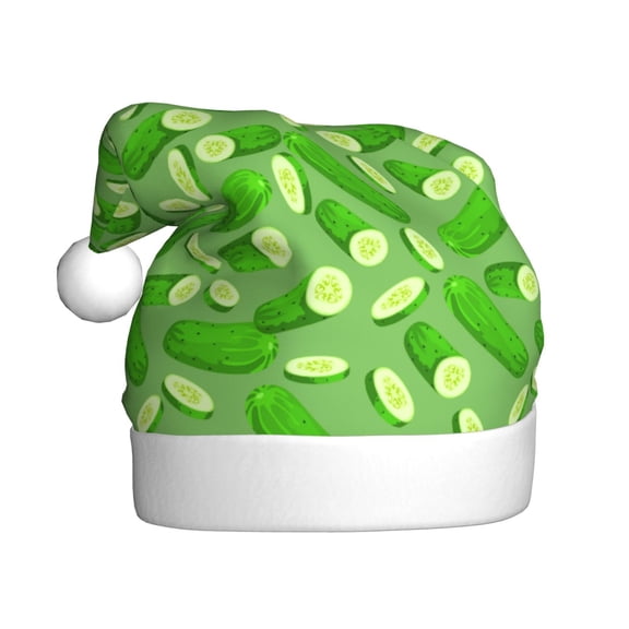 Kowoue Green Cucumber Pattern Santa Hat Christmas Hats for Adults, Holiday Unisex Velvet Comfort Xmas Hat for Women Men