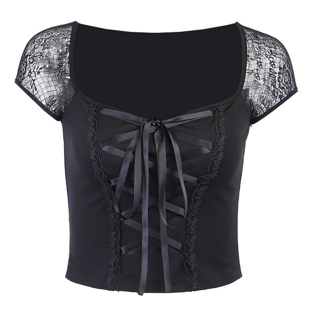 Gibobby Playera de Manga Corta con Cuello Redondo Blusa de mujer sexy de empalme urbano delgada con cuello gotico de malla superior de encaje vintage para mujer Negro M Bodega Aurrera en linea