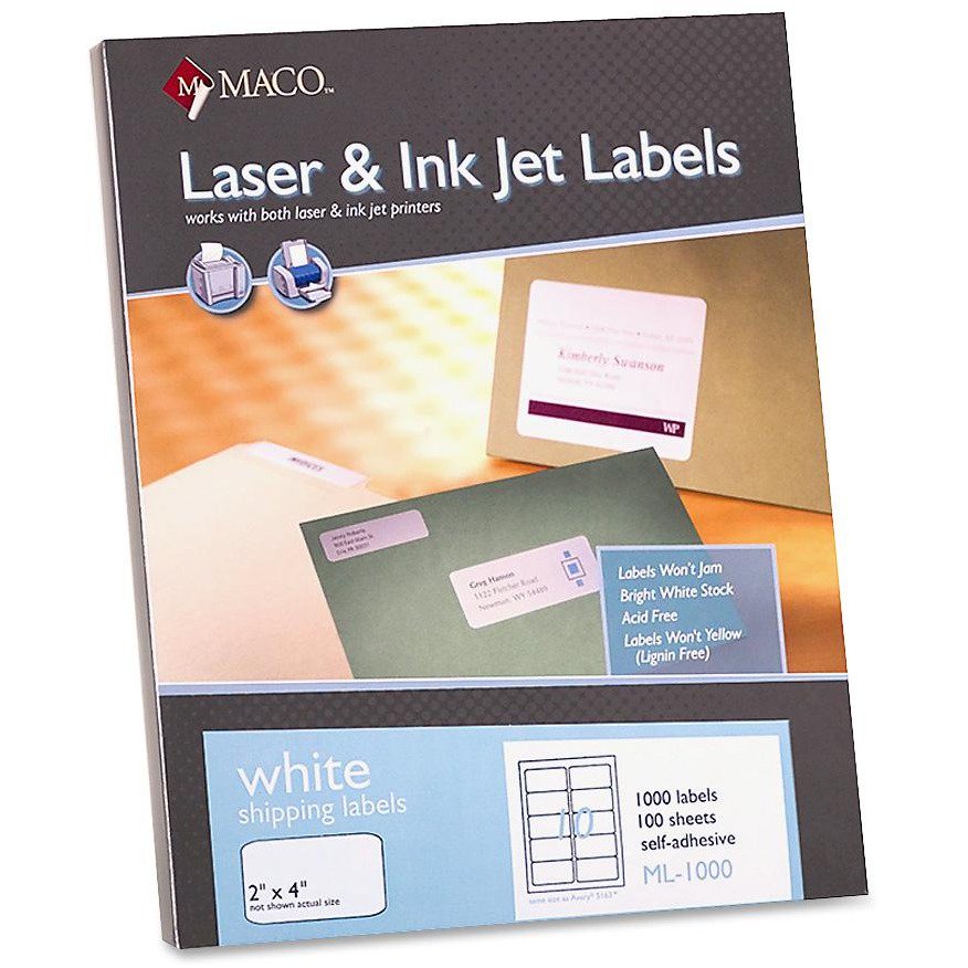 Maco, MACML1000, Laser Printer White Shipping Labels, 1000 / Box, White