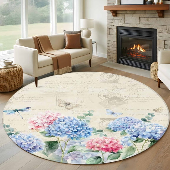 Round Area Rugs Collection 5 Ft, Blue Hydrangea Non-Slip Residential Carpet, Pink Flowers Spring Botanical Country Plants Indoor Crawling Mats Runner Rugs for Living Room/Dining Room/Bedroom