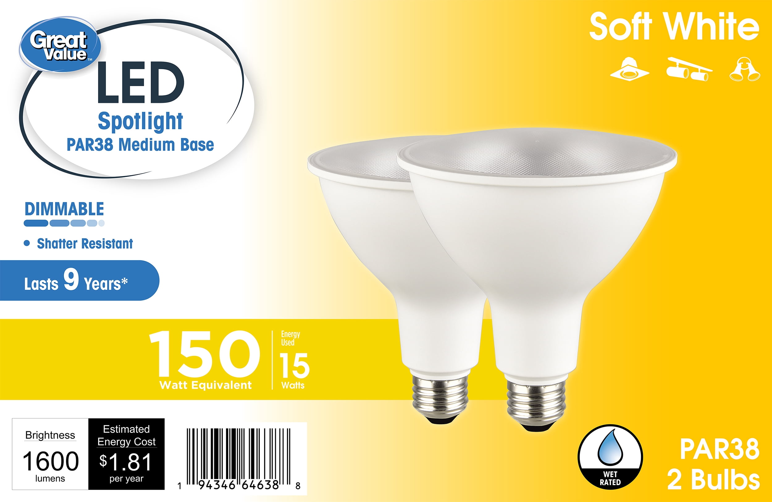 Great Value PAR38 LED Flood Light Bulbs, 150W Equivalent, Soft White 2700K, Dimmable, Wet Rated, E26 Medium Base, 2-Pack