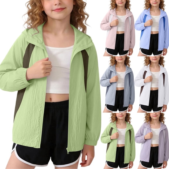 Abtuhar Boys and Girls Fall Winter Hooded Casual Outerwear and Jackets Color‑block Thin Sun‑protection Zip‑up Coat