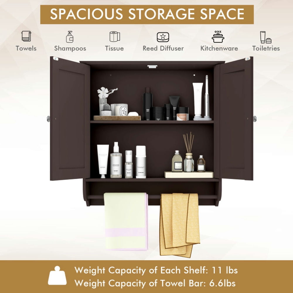 Finihen Wall Cabinet, Wall Mounted Bathroom Cabinet, Medicine Cabinet, Wall Mounted Bathroom Storage Medicine Cabinet with Towel Bar, for Kitchen Entryway Bathroom, Brown