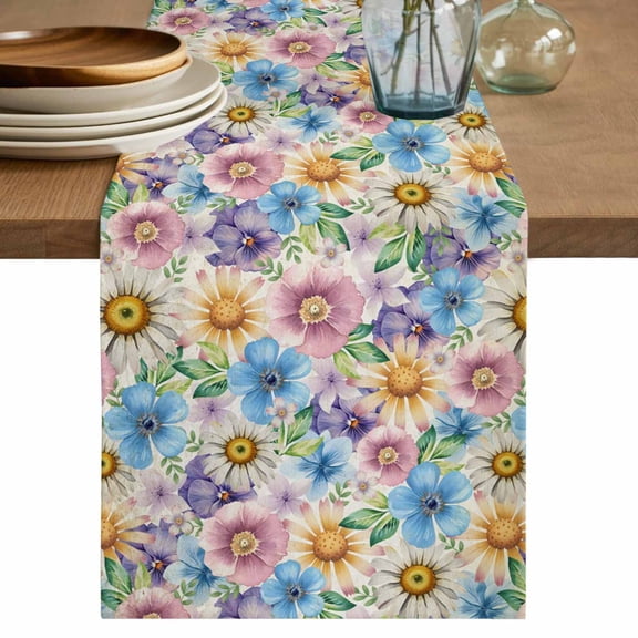 Table Runner 90 Inches Long for Kitchen Dining, Spring Flowers Dresser Scarf Farmhouse, Dining Table Decorations for Wedding/Parties, Watercolor Floral Daisy Plants Country 13 x 90 In