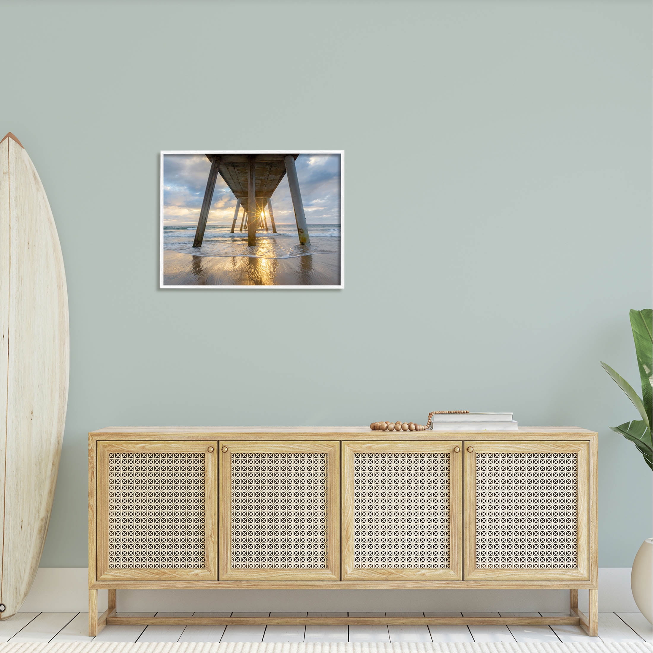 Looming Pier Beach Waves Coastal Photograph White Framed Art Print Wall Art