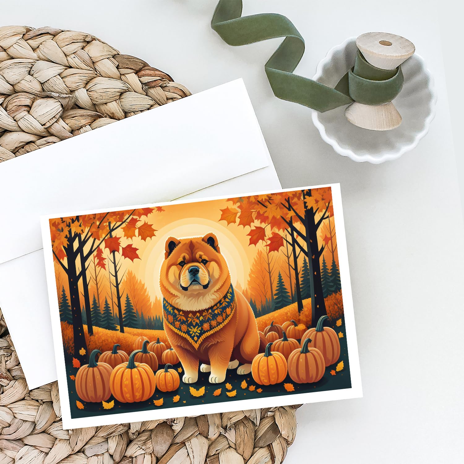 Chow Chow Fall Greeting Cards and Envelopes Pack of 8 7 in x 5 in