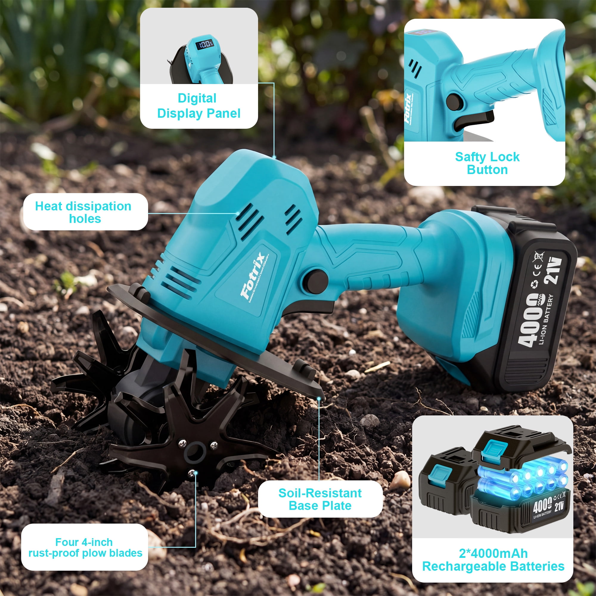 Cordless Garden Tiller Cultivator with 2 x 4.0Ah Batteries, Mini Handheld Electric Tiller for Soil Cultivation, Weeding & Raised Garden Beds